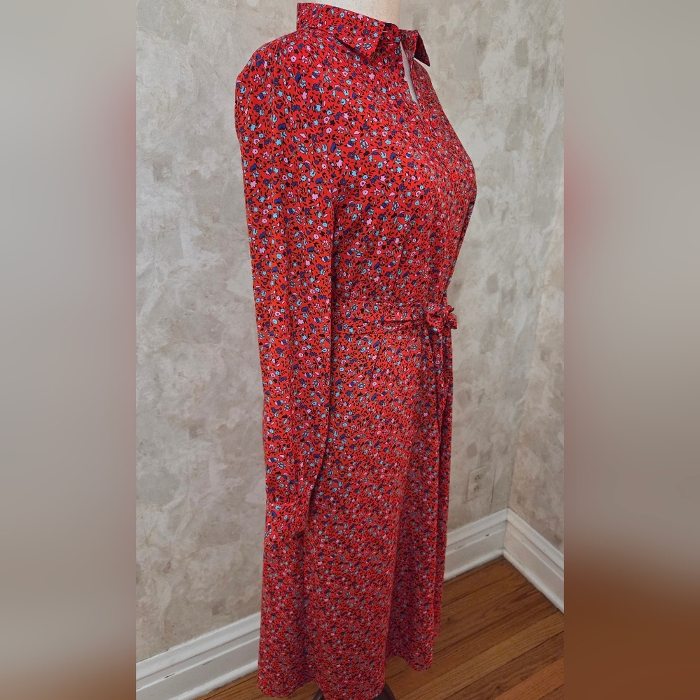 Amazon Essentials Red Floral Shirt Dress Button Front Belted Midi M - Picture 4 of 11